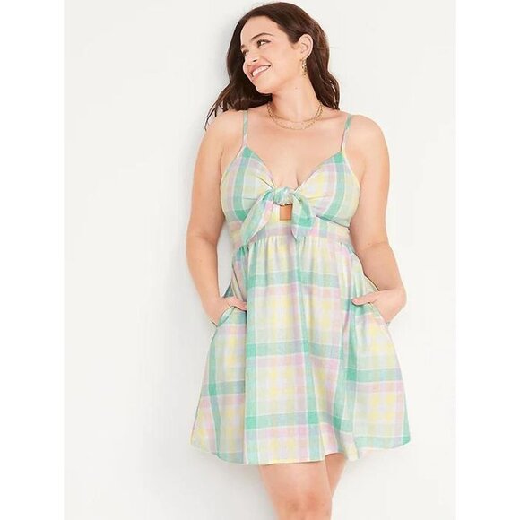 NWT Old Navy Womens Fit & Flare Tie Front Smocked Printed Mini Cami Dress - Picture 1 of 11